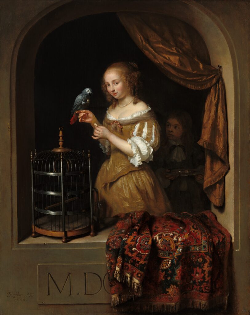 A Woman Feeding a Parrot, with a Page, painting by Caspar Netscher – symbolism of a parrot in art