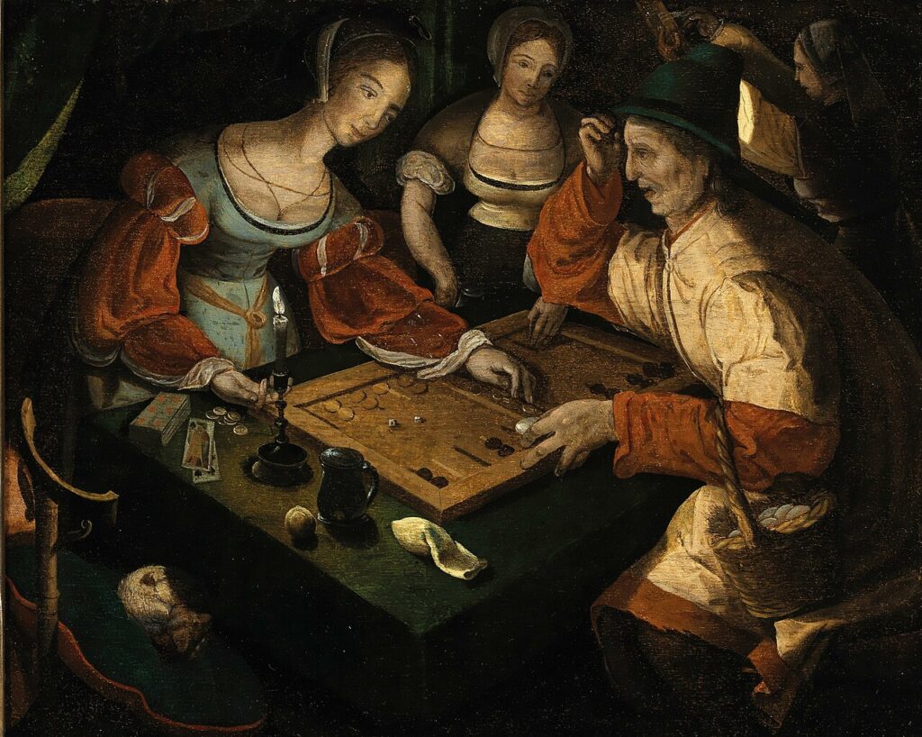 Backgammon Players, painting by Lucas van Leyden (circle) – symbolism of backgammon in art