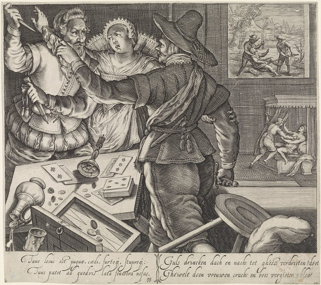 Card-players Fighting with Weapons Drawn, painting by Jacob Matham – symbolism of gambling in art