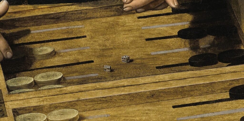 Detail of Jan van Hemessen’s Portrait of a Couple Playing Trictrac, symbolism of numbers in art