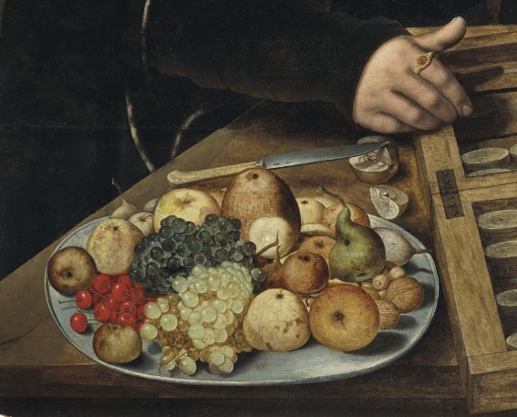 Detail of Jan van Hemessen’s Portrait of a Couple Playing Trictrac, symbolism of fruits in art