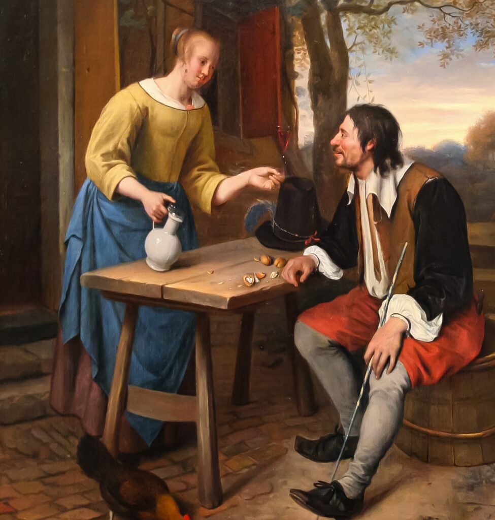 Le repos devant l’auberge (Rest Outside the Inn), painting by Jan Steen – symbolism of walnuts in art