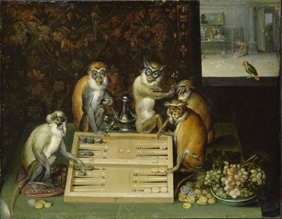 Monkeys playing backgammon, painting by Frans Francken the Younger – example of singerie in art