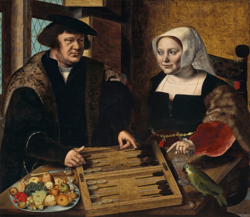 Portrait of a couple playing trictrac, painting by Jan van Hemessen – symbolism of board games in art