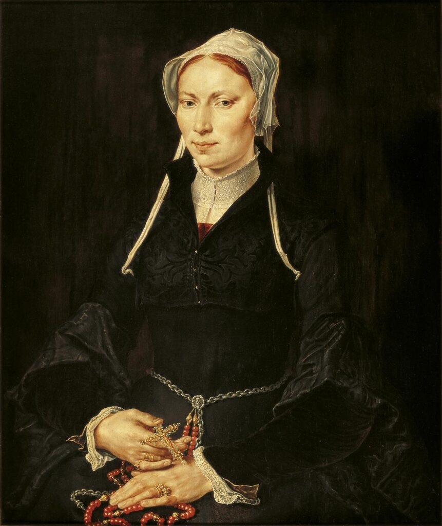 Portrait of a woman, painting by Maarten van Heemskerck – symbolism of red rosary in art
