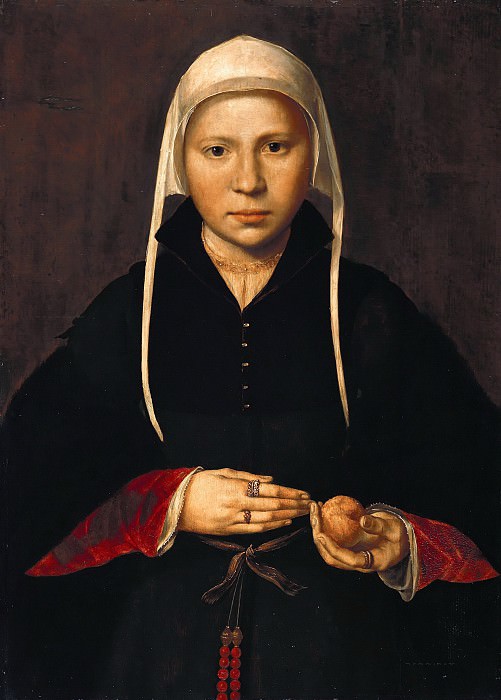 Portrait of a young lady, holding a piece of fruit in her hand, painting by Anonymous