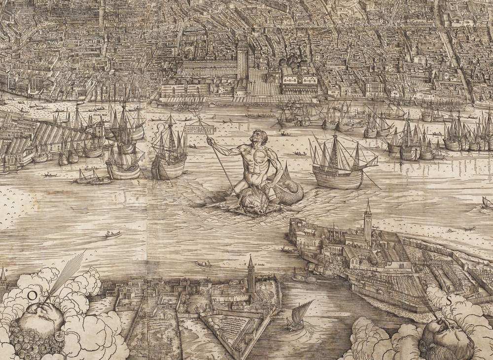 Renaissance woodcut cityscape of Venice, detail from Jacopo de’ Barbari’s View of Venice