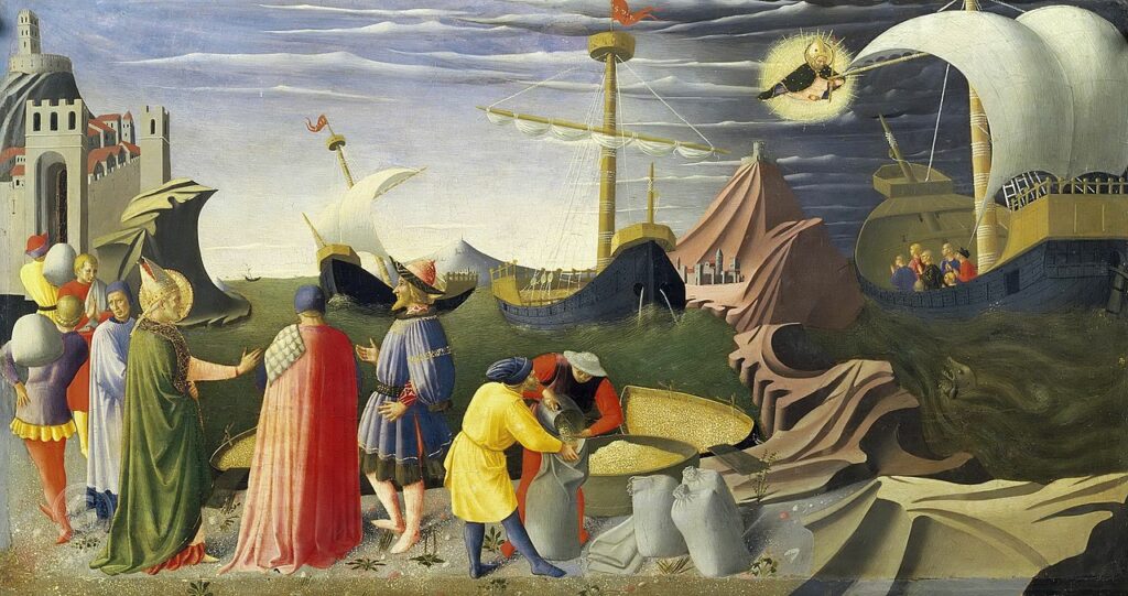 Perugia Altarpiece, predella - St Nicholas saves the ship, painting by  Fra Angelico