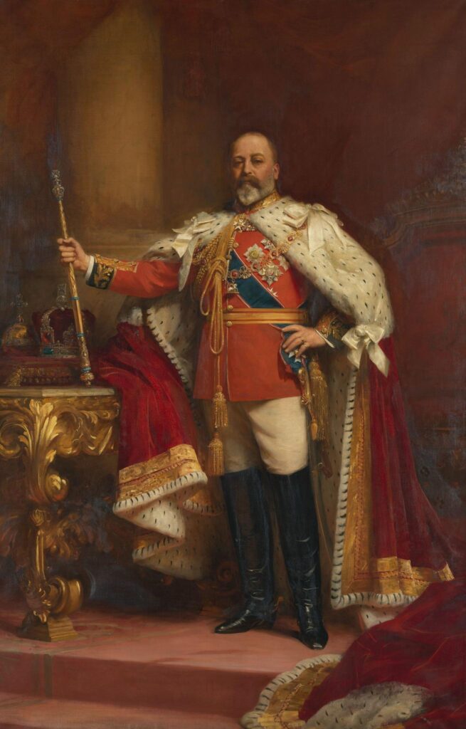 Edwardian art royal portrait of King Edward VII in coronation regalia with scepter, by Luke Fildes, Royal Collection