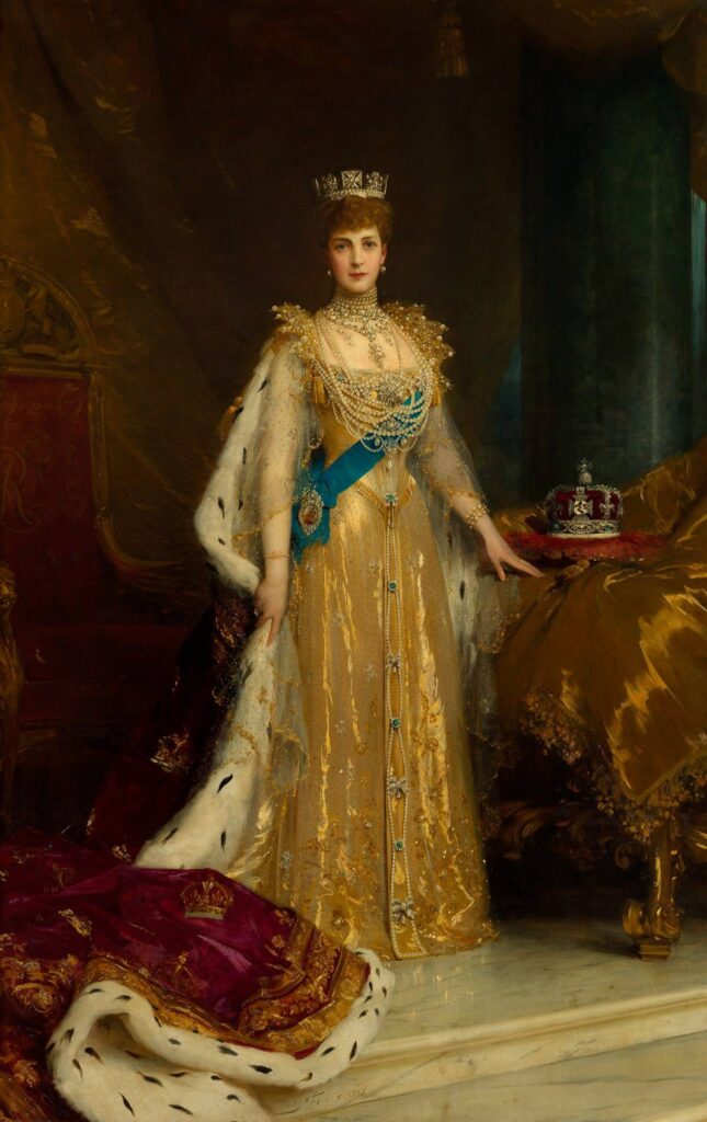 Edwardian art royal portrait of Queen Alexandra in coronation robes, painting by Luke Fildes, Royal Collection