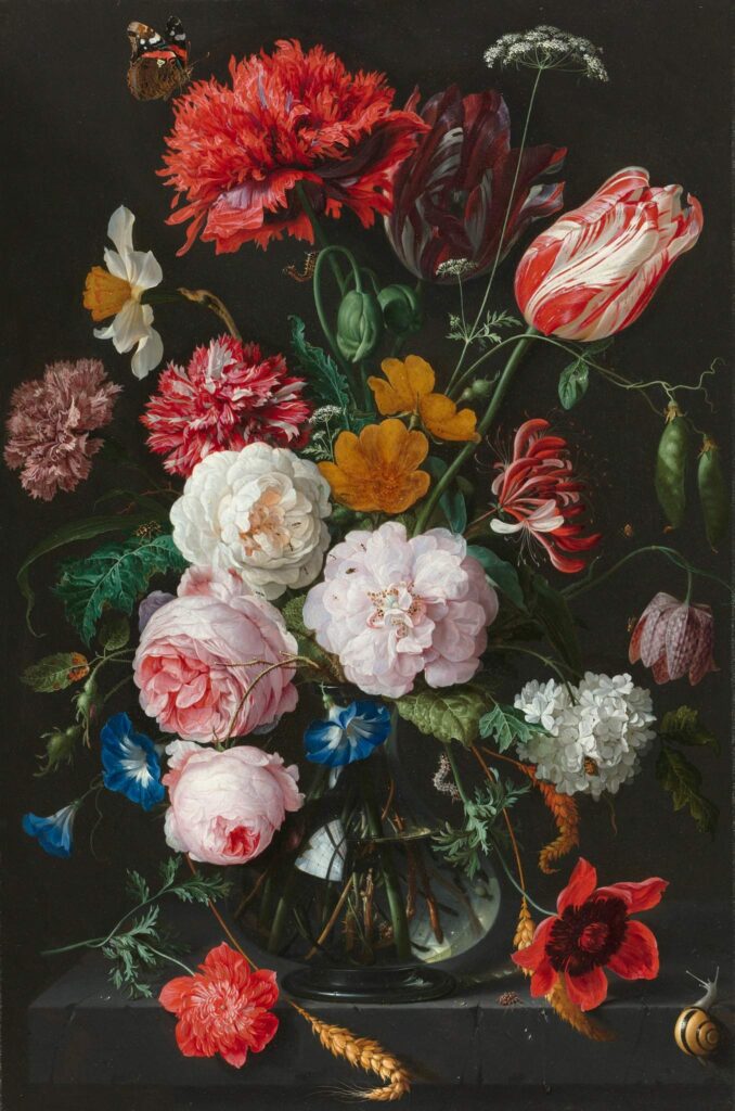 Still life painting of flowers in a glass vase by Rachel Ruysch, Dutch Golden Age floral art masterpiece at Rijksmuseum Amsterdam