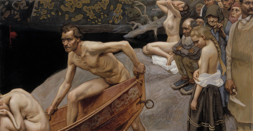 By the River of Tuonela, study for the Jusélius Mausoleum frescos,  painting by Akseli Gallen-Kallela