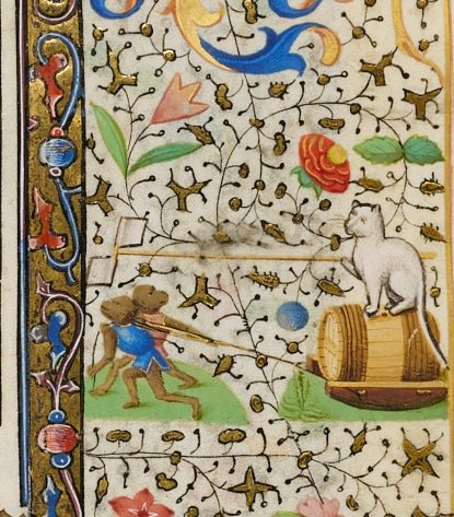Medieval manuscript detail with a cat in the margin, Walters Art Museum, example of animals in manuscript art