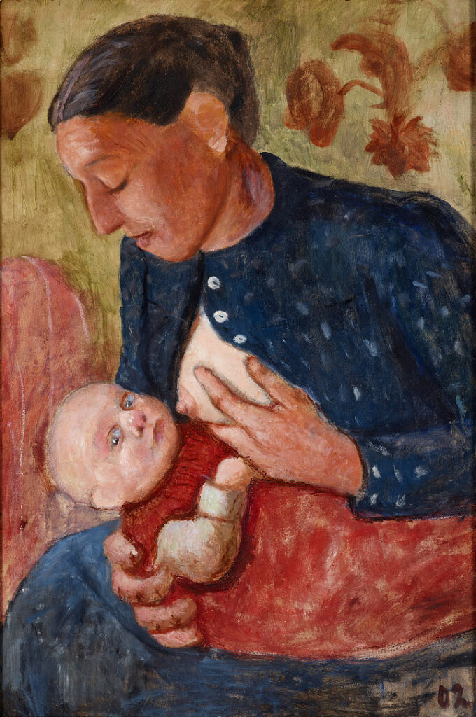 Expressionist painting Nursing Mother by Paula Modersohn-Becker, intimate portrait of mother and child