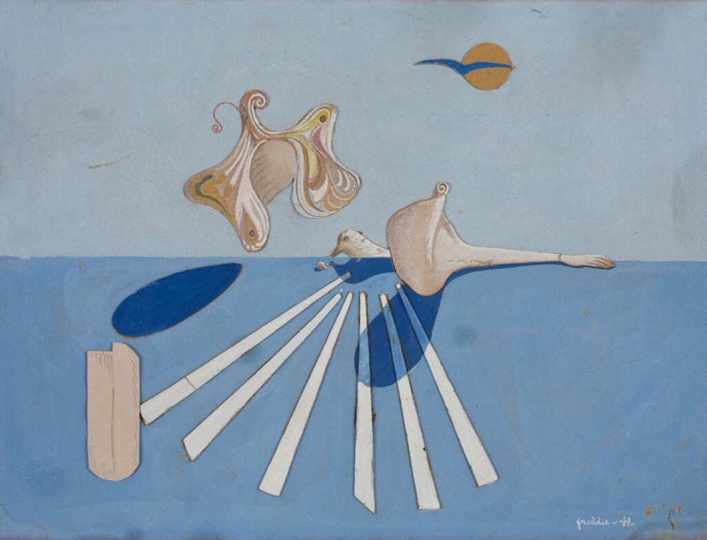 Surrealist Landscape with Butterfly, painting by Wilhelm Freddie, Surreal on paper exhibition