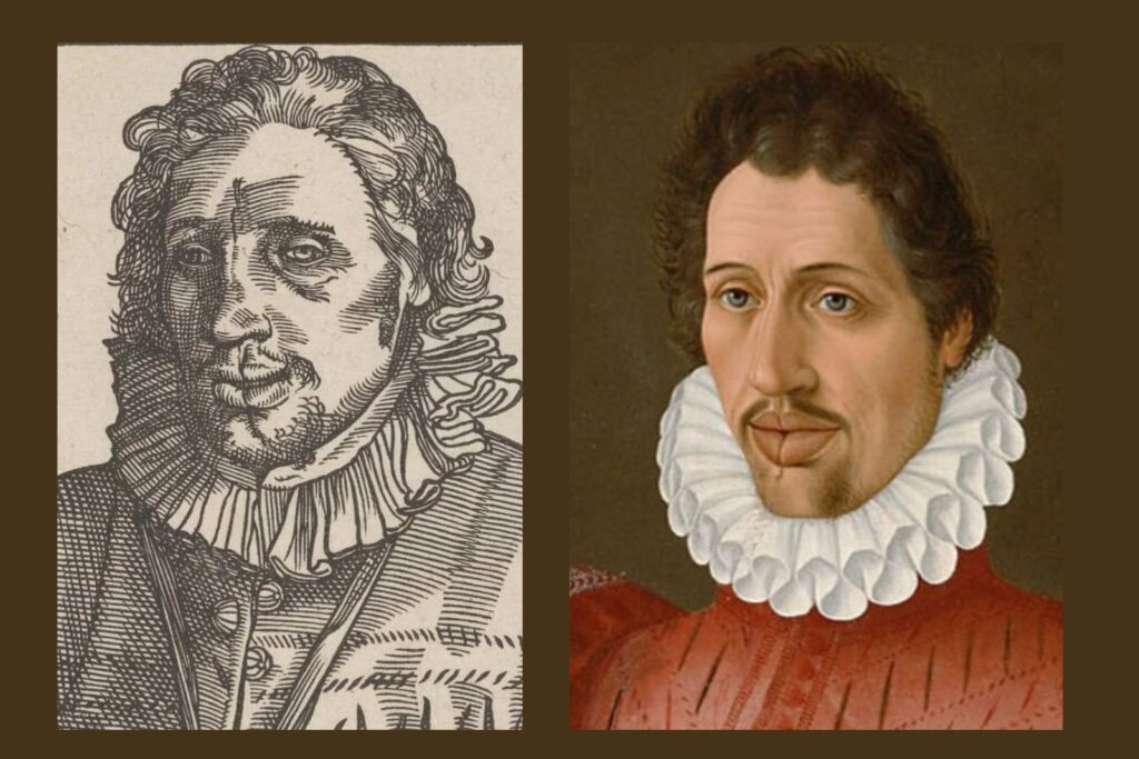 Collage of Anton Franck’s face from portrait and print, highlighting the possible scar line across his features