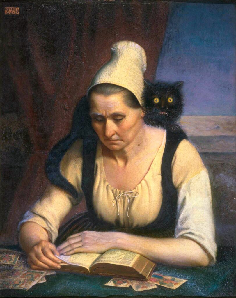 Fortune Teller Studying a Book of Necromancy by Clémentine Dondey, occult and black cat symbolism, 19th-century art 