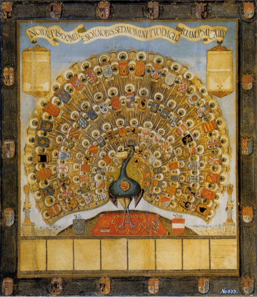 The Habsburg Peacock by Clemens Jäger, 1550, genealogical painting showing a peacock with Habsburg dynasty coats of arms