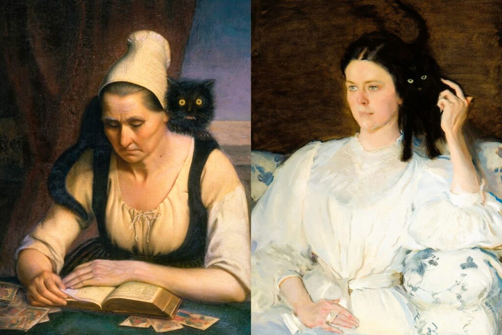 Woman with black cat in art, Clémentine Dondey and Cecilia Beaux paintings, Sorcieres exhibition, black cat symbolism