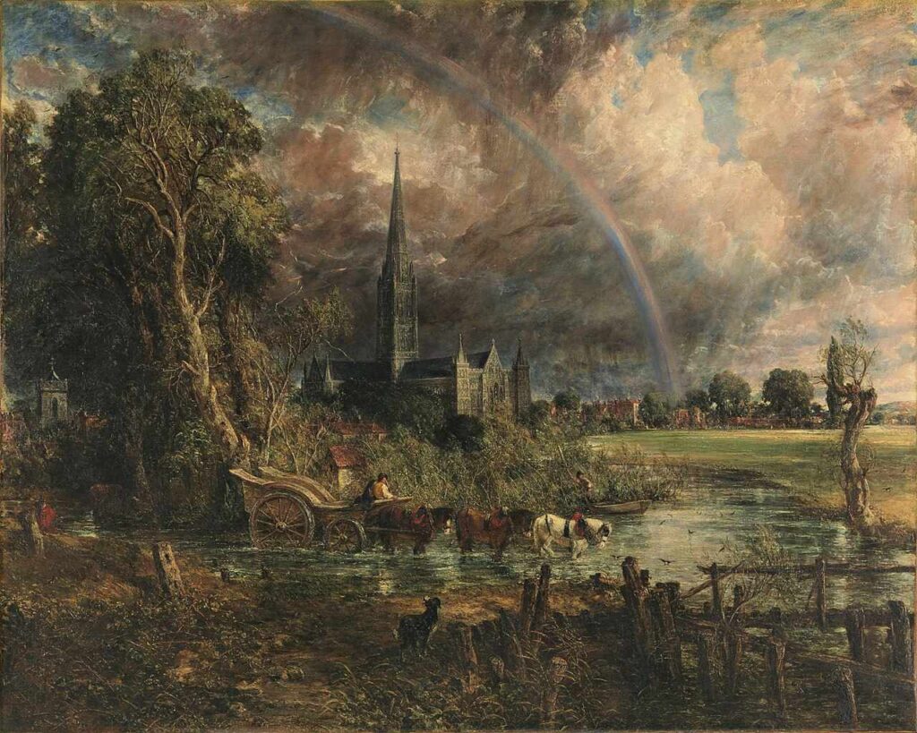 Constable landscape with Salisbury Cathedral rainbow and flooded meadow
