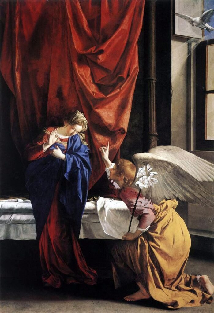 Orazio Gentileschi Annunciation showing Gabriel kneeling before Mary in rich colors