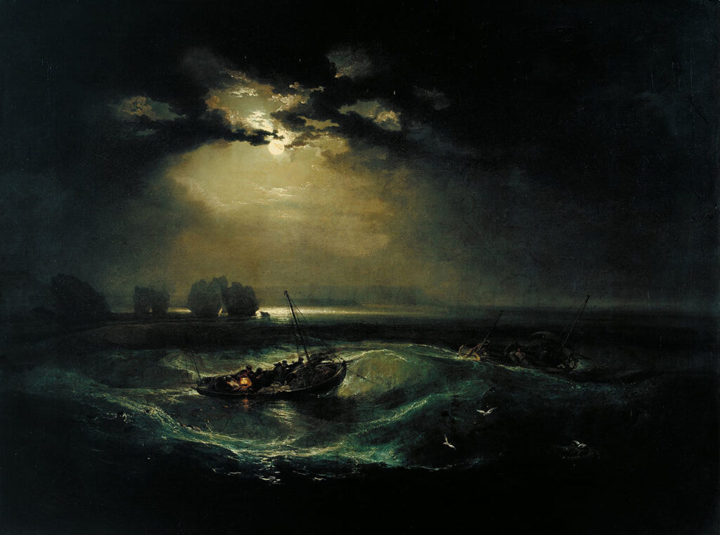 Turner moonlit seascape with fishermen rowing near rocky cliffs at night