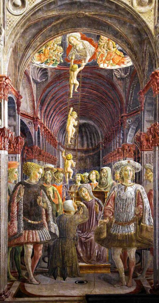 Vecchietta Siena fresco with angels descending in church interior