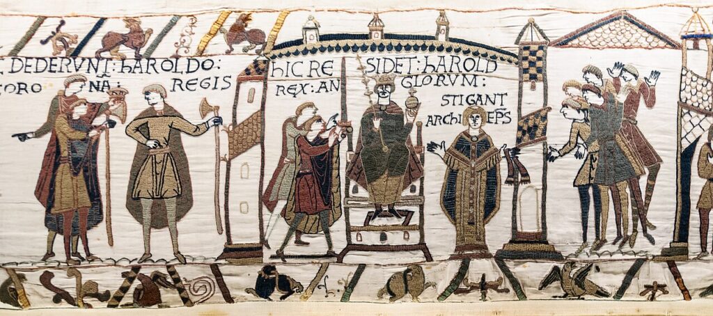 Bayeux Tapestry, Scenes 29-30-31, the coronation of Harold II of England