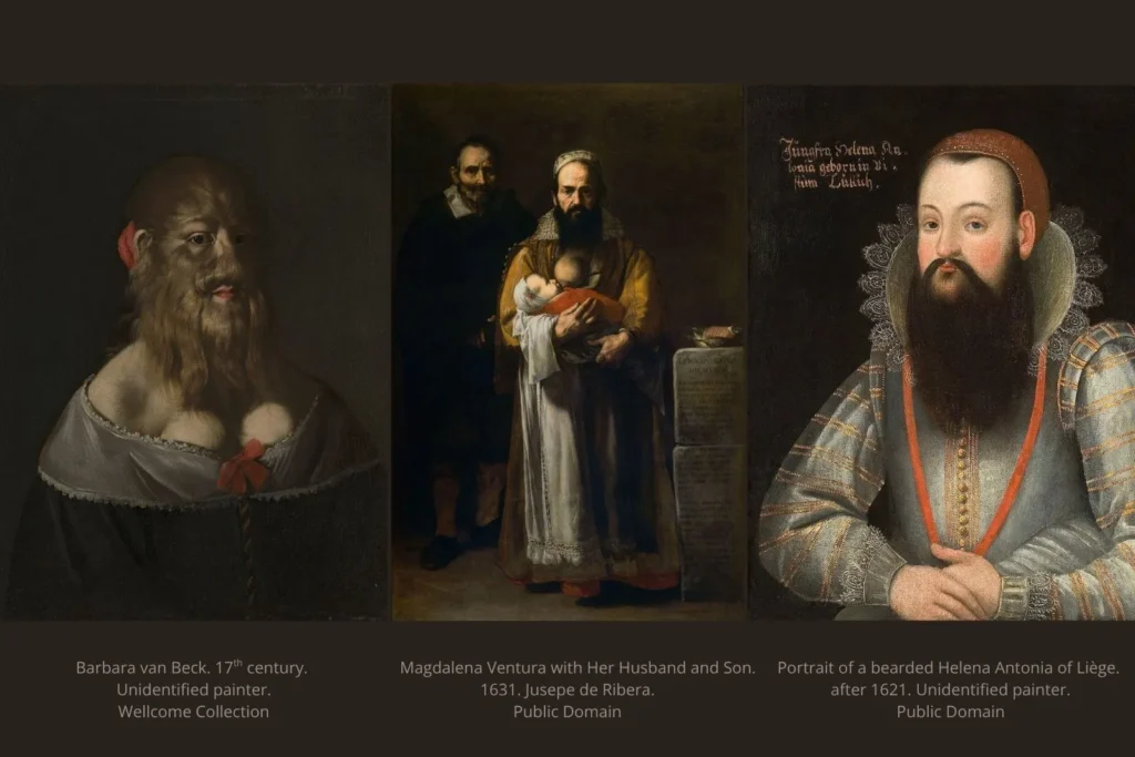 A collage of portraits bearded women from the 17th century