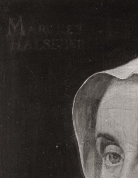 Detail of the stolen Portrait of Margret Halseber showing the inscription with the sitter's name