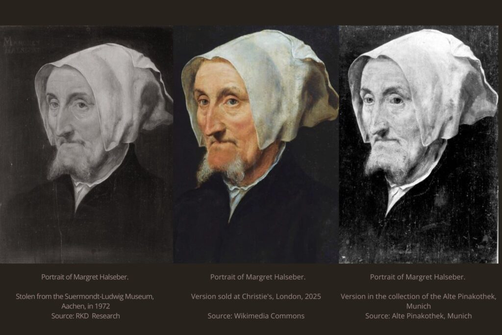 Comparison of three known versions of the Portrait of Margret Halseber attributed to Willem Key