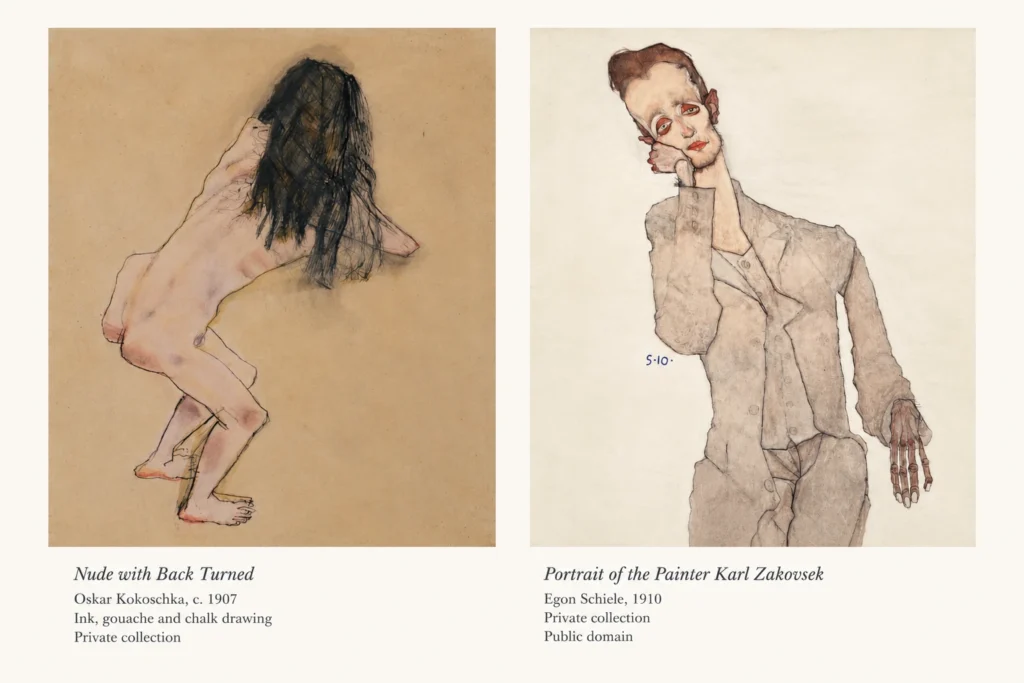 Oskar Kokoschka and Egon Schiele, Nude with Back Turned and Portrait of the Painter Karl Zakovsek